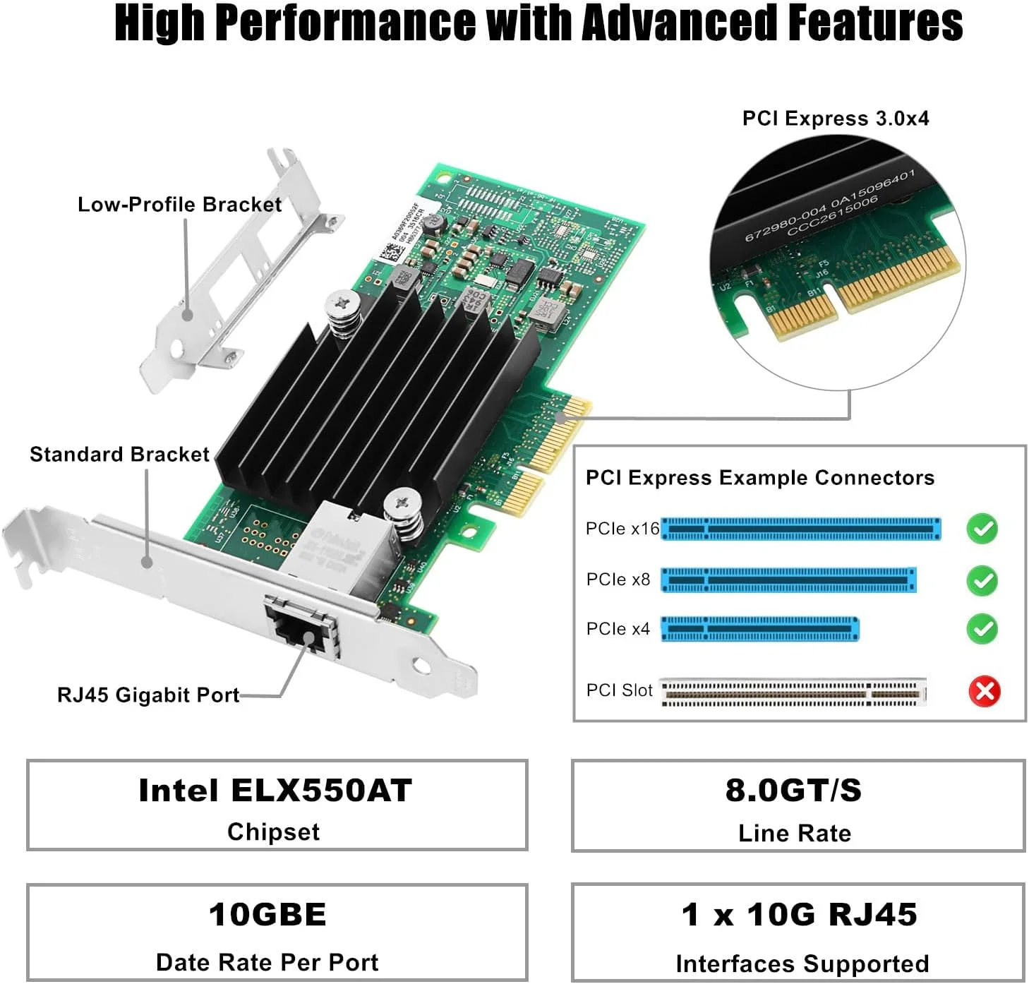 کارت شبکه 10 گیگابیت بر ثانیه PCI-E NIC مبتنی بر Intel X550-T1، آداپتور اترنت همگرا 10Gb/ 5Gb/2.5Gb/1Gb (NIC/CNA)، تک پورت مسی RJ45 با تراشه Intel ELX550AT، پشتیبانی از PCI-E X4، سازگار با Windows Server/Linux/ESX کارت شبکه 10 گیگابیت بر ثانیه PCI-E NIC مبتنی بر Intel X550-T1، آداپتور اترنت همگرا 10Gb/ 5Gb/2.5Gb/1Gb (NIC/CNA)، تک پورت مسی RJ45 با تراشه Intel ELX550AT، پشتیبانی از PCI-E X4، سازگار با Windows Server/Linux/ESX