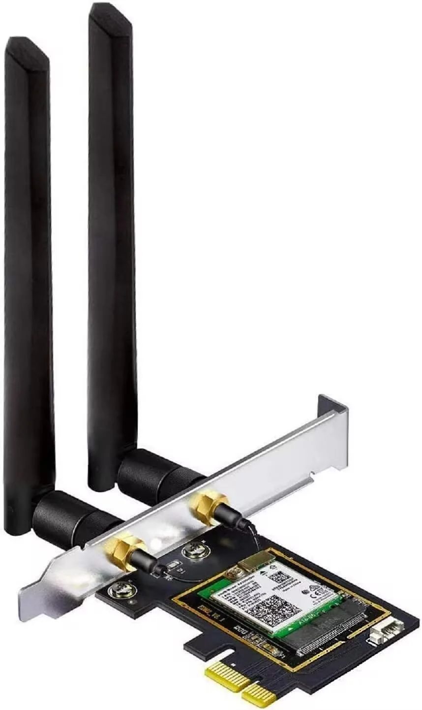 کارت وای فای 6E AX5400 PCIe برای رایانه شخصی رومیزی (Intel AX210) بلوتوث 5.3، WPA3، آداپتور بی سیم سه بانده 802.11AXE با MU-MIMO، OFDMA، تأخیر بسیار کم، پشتیبانی از ویندوز 11، 10 (64 بیتی)