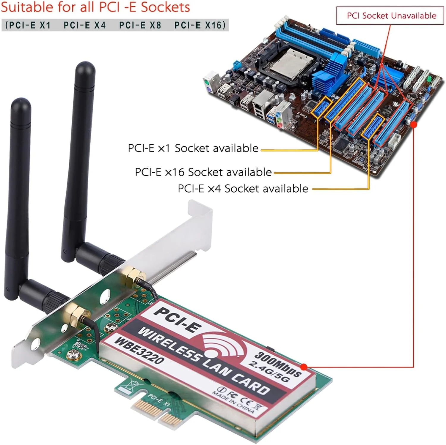 آداپتور وای فای PCI-e، 2.4G/5G 300Mbps PCI-e دو بانده AP کارت آداپتور وایرلس وای فای WLAN برای لپ تاپ