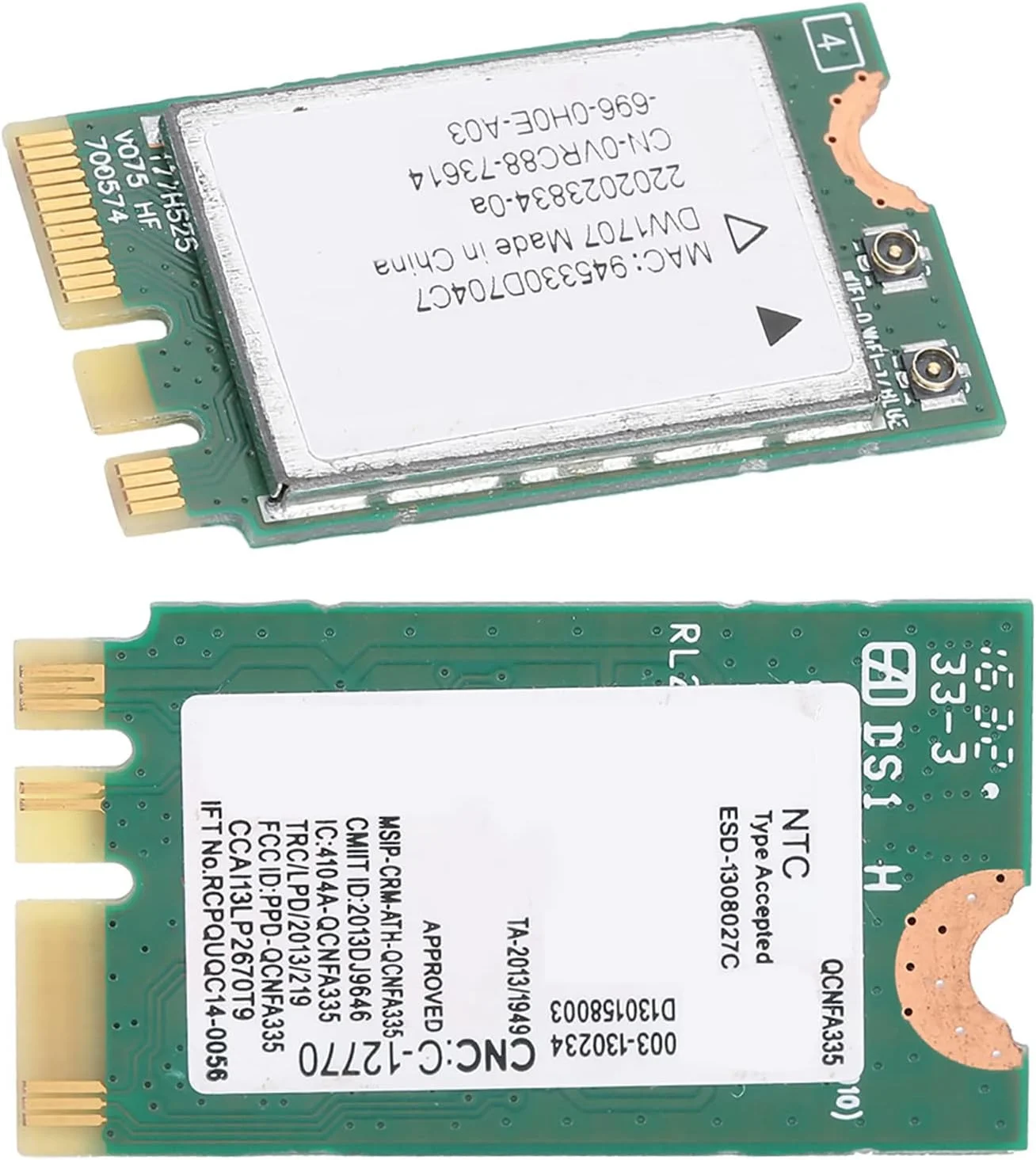 کارت شبکه بی سیم Qualcomm Atheros QCNFA335 NGFF 300M مدل DW1707 0VRC88، استاندارد رابط کارت شبکه بی سیم: M.2 NGFF