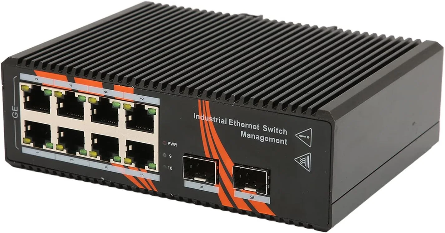 سوئیچ اترنت گیگابیتی غیر مدیریتی 8 پورت، 12-58 ولت DC، قابل نصب روی ریل DIN، رومیزی یا دیواری، اسپلیتر اترنت با 2 پورت نوری SFP، پلاگ اند پلی
