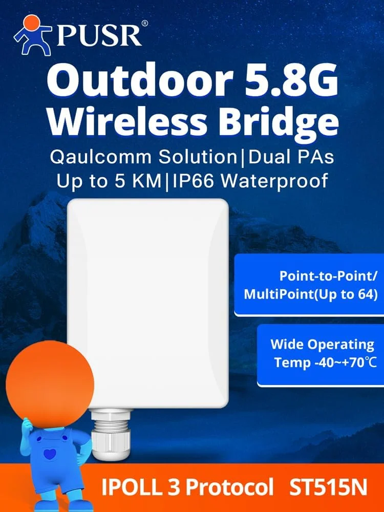 پل بیسیم گیگابیتی نقطه به نقطه/چند نقطه ای دو بانده 5.8G WiFi ضد آب IP66 تا 5 کیلومتر سرعت بالا 300 مگابیت بر ثانیه آنتن 15dBi با بهره بالا پورت LAN 100 مگابیت بر ثانیه CPE بیرونی USR-ST515N (تک بسته) پل بیسیم گیگابیتی نقطه به نقطه/چند نقطه ای دو بانده 5.8G WiFi ضد آب IP66 تا 5 کیلومتر سرعت بالا 300 مگابیت بر ثانیه آنتن 15dBi با بهره بالا پورت LAN 100 مگابیت بر ثانیه CPE بیرونی USR-ST515N (تک بسته)