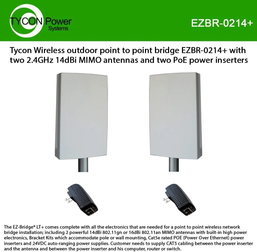 پل بیسیم بیرونی نقطه به نقطه Tycon مدل EZBR-0214+ به همراه دو آنتن MIMO 14dBi 2.4 گیگاهرتز و دو عدد منبع تغذیه PoE پل بیسیم بیرونی نقطه به نقطه Tycon مدل EZBR-0214+ به همراه دو آنتن MIMO 14dBi 2.4 گیگاهرتز و دو عدد منبع تغذیه PoE