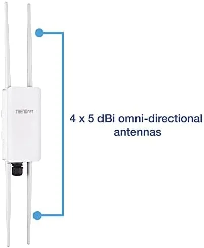 اکسس پوینت بی‌سیم AC1300 بیرونی PoE+ امنی-دایرکشنال 5 dBi ترندنت مدل TEW-841APBO، دارای 4 آنتن امنی دایرکشنال 5 dBi، پل زنی وای فای نقطه به نقطه و نقطه به چند نقطه، IEEE 802.3AT PoE+