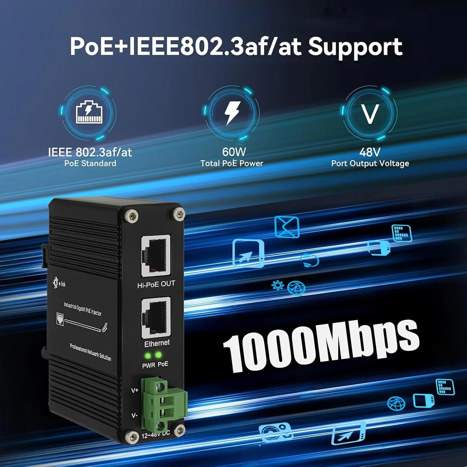 تزریق کننده گیگابیتی Hi-PoE - تزریق کننده صنعتی گیگابیت PoE+ IEEE802.3af/at 60W با ورودی 12-48V DC، نصب ریلی DIN، نصب دیواری، بدنه فلزی آلیاژ آلومینیوم تزریق کننده گیگابیتی Hi-PoE - تزریق کننده صنعتی گیگابیت PoE+ IEEE802.3af/at 60W با ورودی 12-48V DC، نصب ریلی DIN، نصب دیواری، بدنه فلزی آلیاژ آلومینیوم