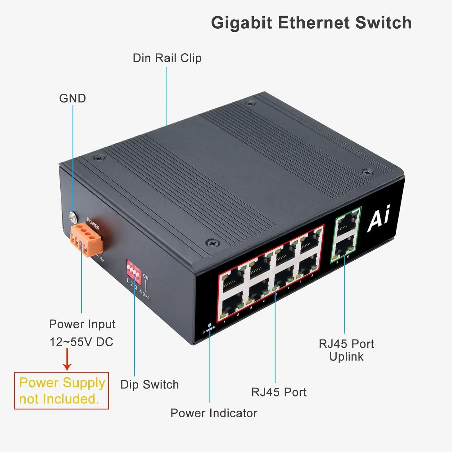 سوئیچ اترنت گیگابیتی صنعتی 10 پورت، 10 پورت RJ45 10/100/1000Mbps، سوئیچ شبکه بیرونی Din Rail (-40 تا 176 درجه فارنهایت)، هاب اترنت قابل نصب روی ریل Din