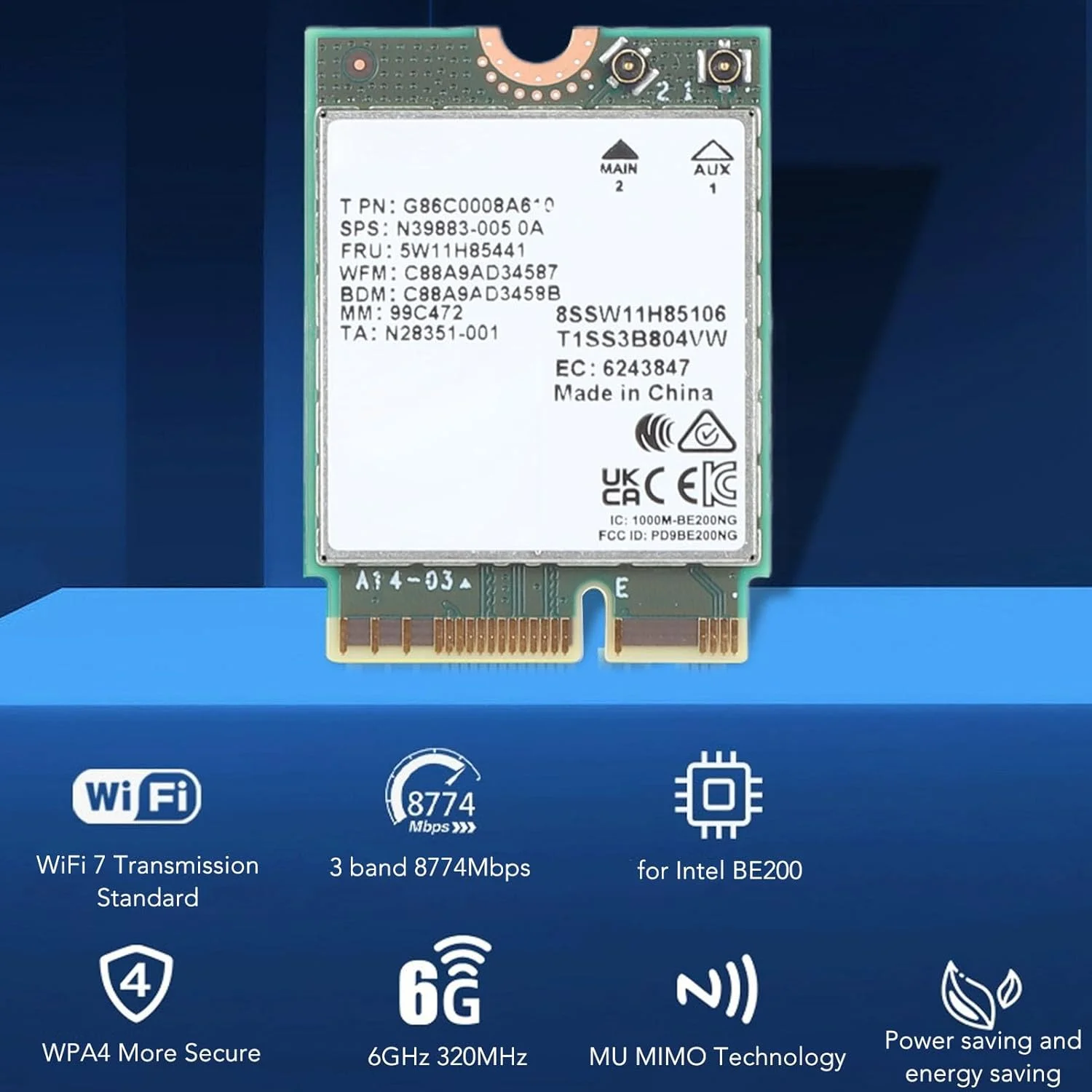 کارت شبکه بی‌سیم وای‌فای 7 مدل BE200 NGW اینتل، 8774 مگابیت بر ثانیه بلوتوث 5.4 6 گیگاهرتز M.2، انتقال همزمان، قابلیت استفاده در چند دستگاه، برای ویندوز 10/11، لپ‌تاپ AMD