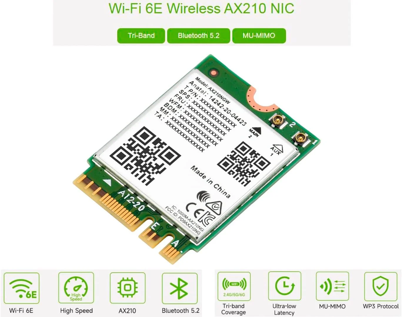 کارت وای فای 6E AX210 NGW، ماژول وایرلس AX210 NIC، گیگابیت 2.4G/5G/6GHz سه بانده Wi-Fi 6E، استاندارد 802.11AX، بلوتوث 5.2، MU-MIMO، پشتیبانی از لینوکس، ویندوز 10/8.1/8/7 و غیره.