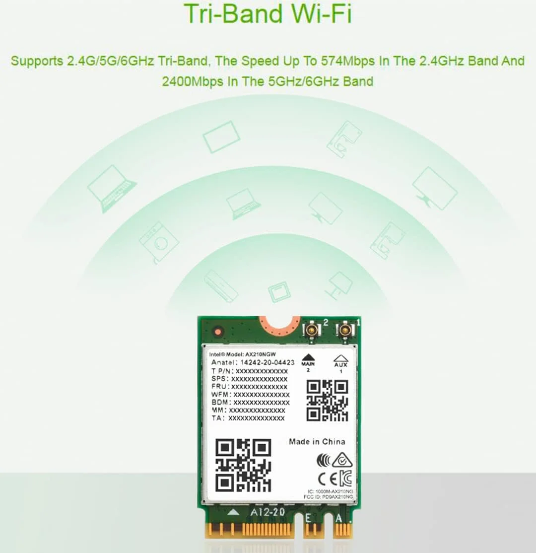 کارت وای فای 6E AX210 NGW، ماژول وایرلس AX210 NIC، گیگابیت 2.4G/5G/6GHz سه بانده Wi-Fi 6E، استاندارد 802.11AX، بلوتوث 5.2، MU-MIMO، پشتیبانی از لینوکس، ویندوز 10/8.1/8/7 و غیره.