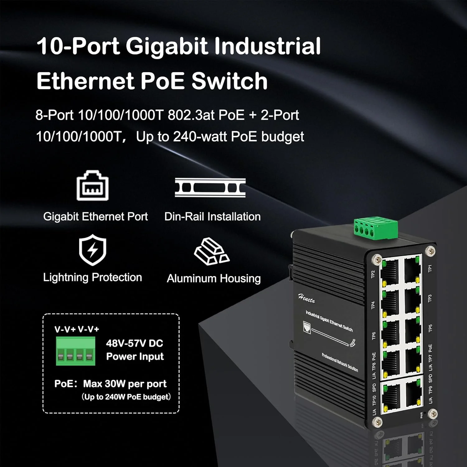 سوئیچ صنعتی گیگابیتی اترنت PoE+ هشت پورت 10/100/1000T 802.3at PoE 240W دو پورت 10/100/1000T اترنت فشرده