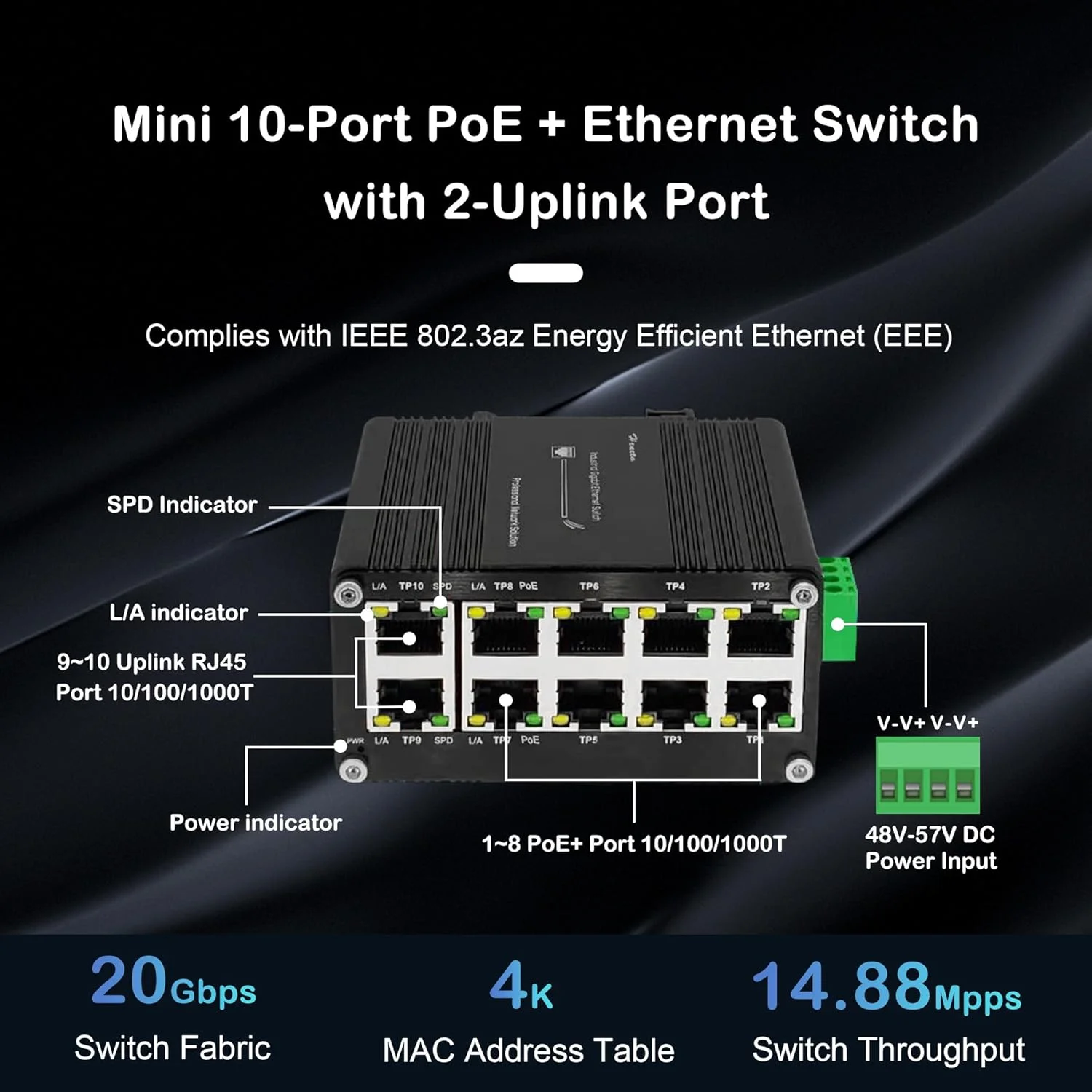 سوئیچ اترنت گیگابیتی سخت صنعتی Hereta، سوئیچ اترنت فشرده 8 پورت 802.3at PoE+ + 2 پورت 10/100/1000T RJ45، 48 تا 57 ولت DC با محافظت در برابر پلاریته معکوس، تا 240 وات بودجه PoE، DIN-Rail