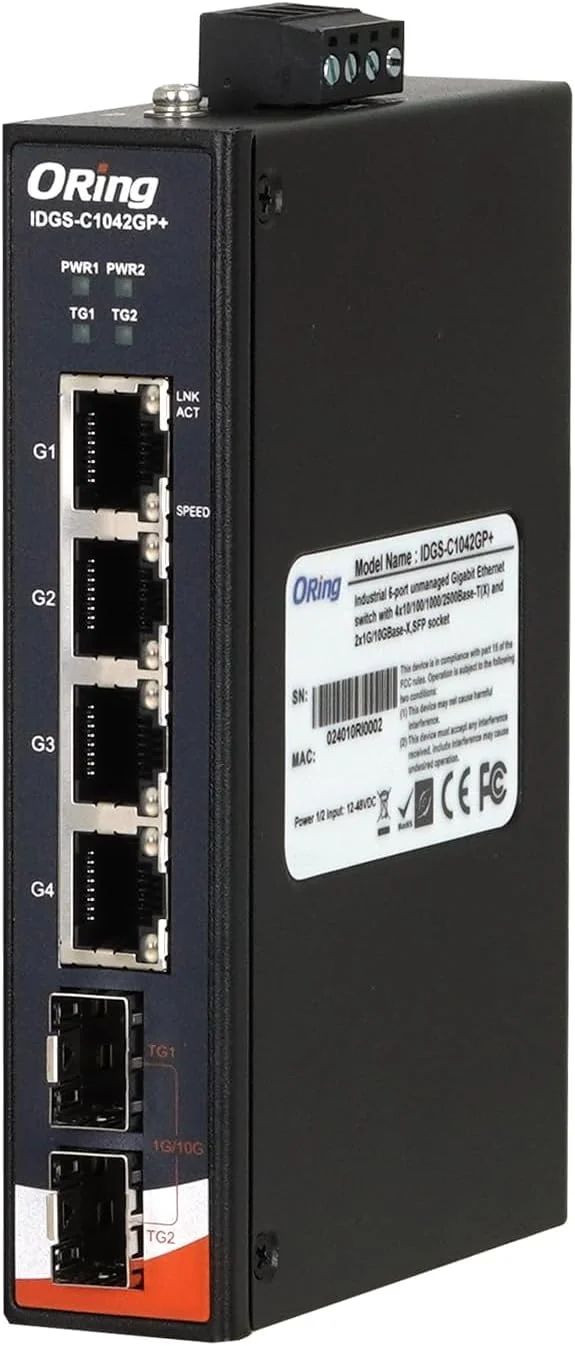سوئیچ غیر مدیریتی صنعتی 2.5GbE مدل IDGS-C1042GP+، دارای 4 پورت 10/100/1000/2500Base-T(X) و 2 پورت 1G/10GBase-X SFP+، تولید شرکت ORing Industrial Networking