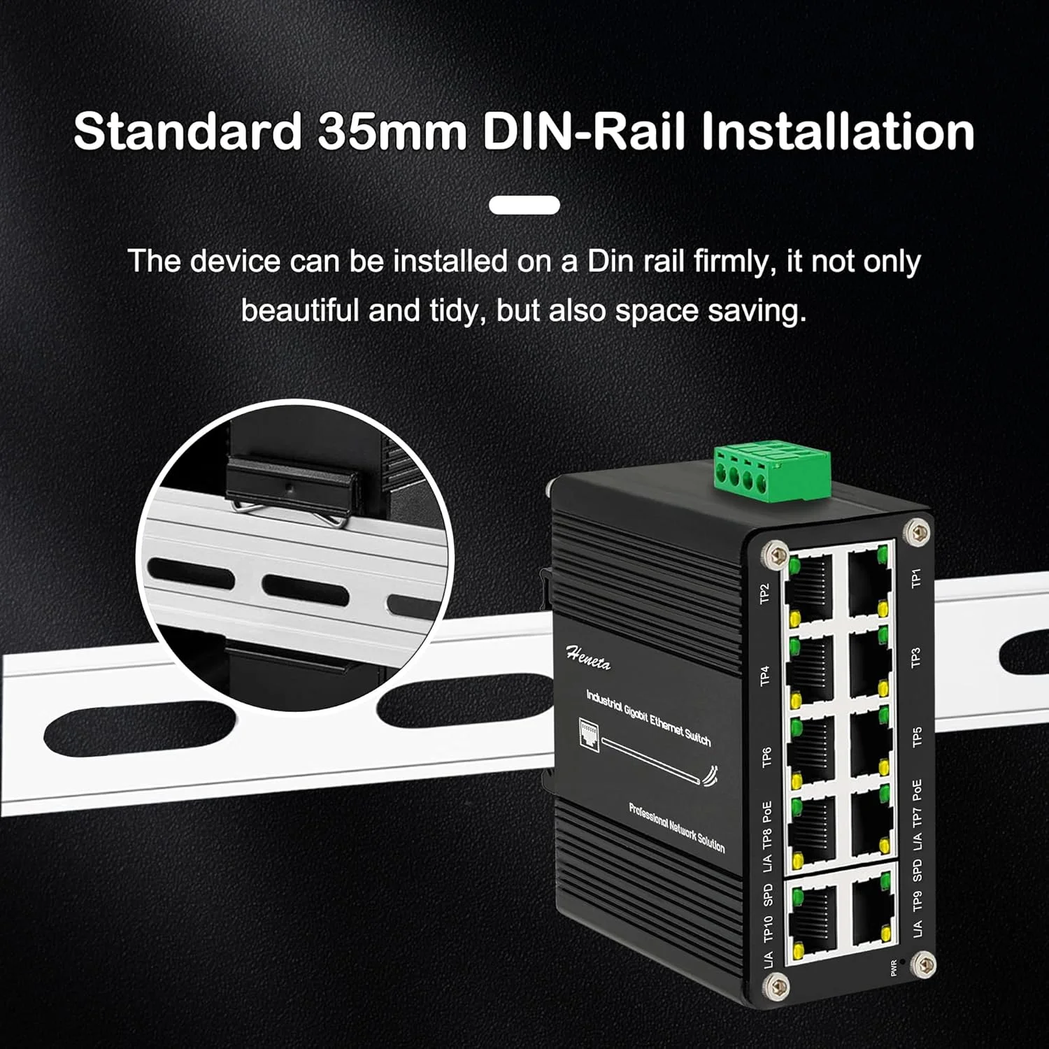 سوئیچ اترنت گیگابیتی سخت صنعتی Hereta، سوئیچ اترنت فشرده 8 پورت 802.3at PoE+ + 2 پورت 10/100/1000T RJ45، 48 تا 57 ولت DC با محافظت در برابر پلاریته معکوس، تا 240 وات بودجه PoE، DIN-Rail