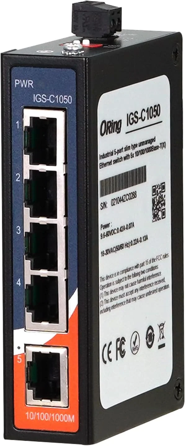 سوئیچ اترنت گیگابیتی غیر مدیریتی صنعتی ORing با 5 پورت 10/100/1000Base-T(X)، مدل IGS-C1050، نصب روی ریل DIN، بدون فن، IP40