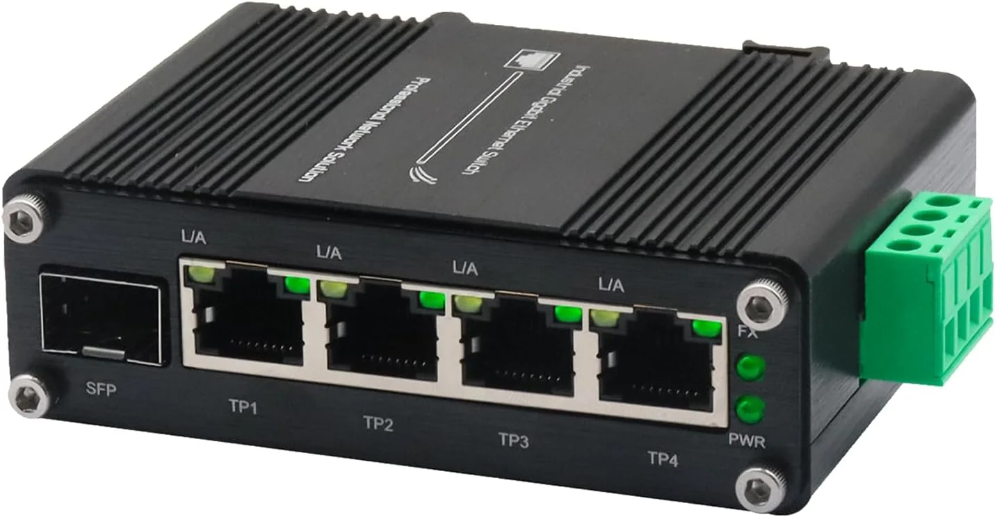 سوئیچ اترنت گیگابیتی صنعتی کوچک 4 پورت - 10/100/1000T + 1 پورت SFP، ورودی 12-48VDC، طراحی مقاوم، نصب روی ریل DIN/دیوار، محدوده دمایی گسترده