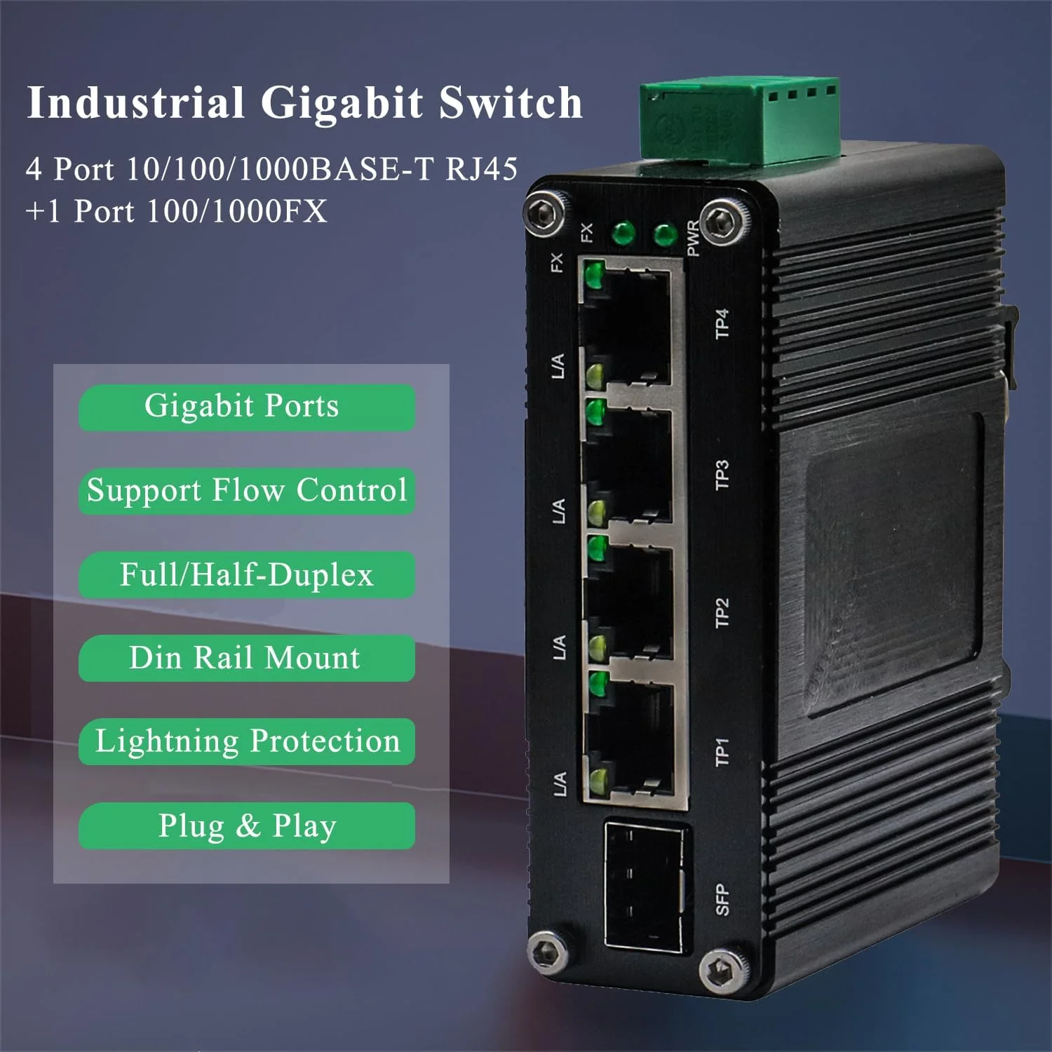 سوئیچ اترنت گیگابیتی صنعتی کوچک 4 پورت - 10/100/1000T + 1 پورت SFP، ورودی 12-48VDC، طراحی مقاوم، نصب روی ریل DIN/دیوار، محدوده دمایی گسترده