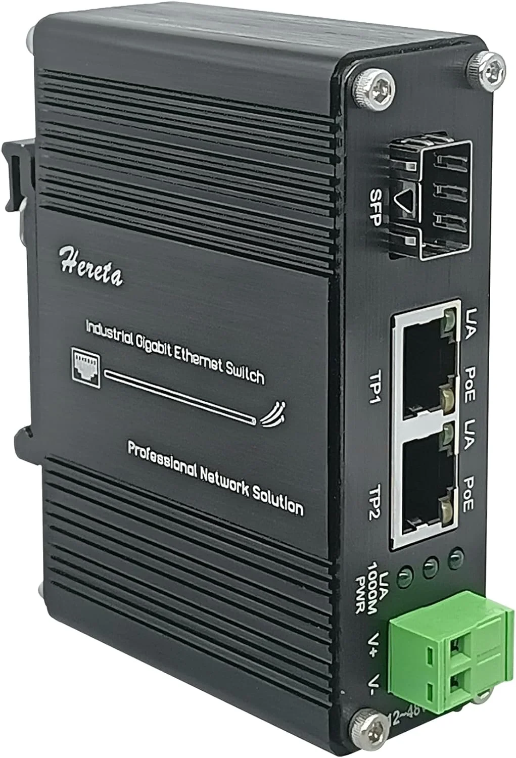 مبدل رسانه اترنت صنعتی گیگابیتی POE+ 30W با بدنه آلومینیومی، 2 پورت RJ45، 1 پورت SFP، پشتیبانی از ماژول های SFP خارجی، ورودی برق 12~48V DC