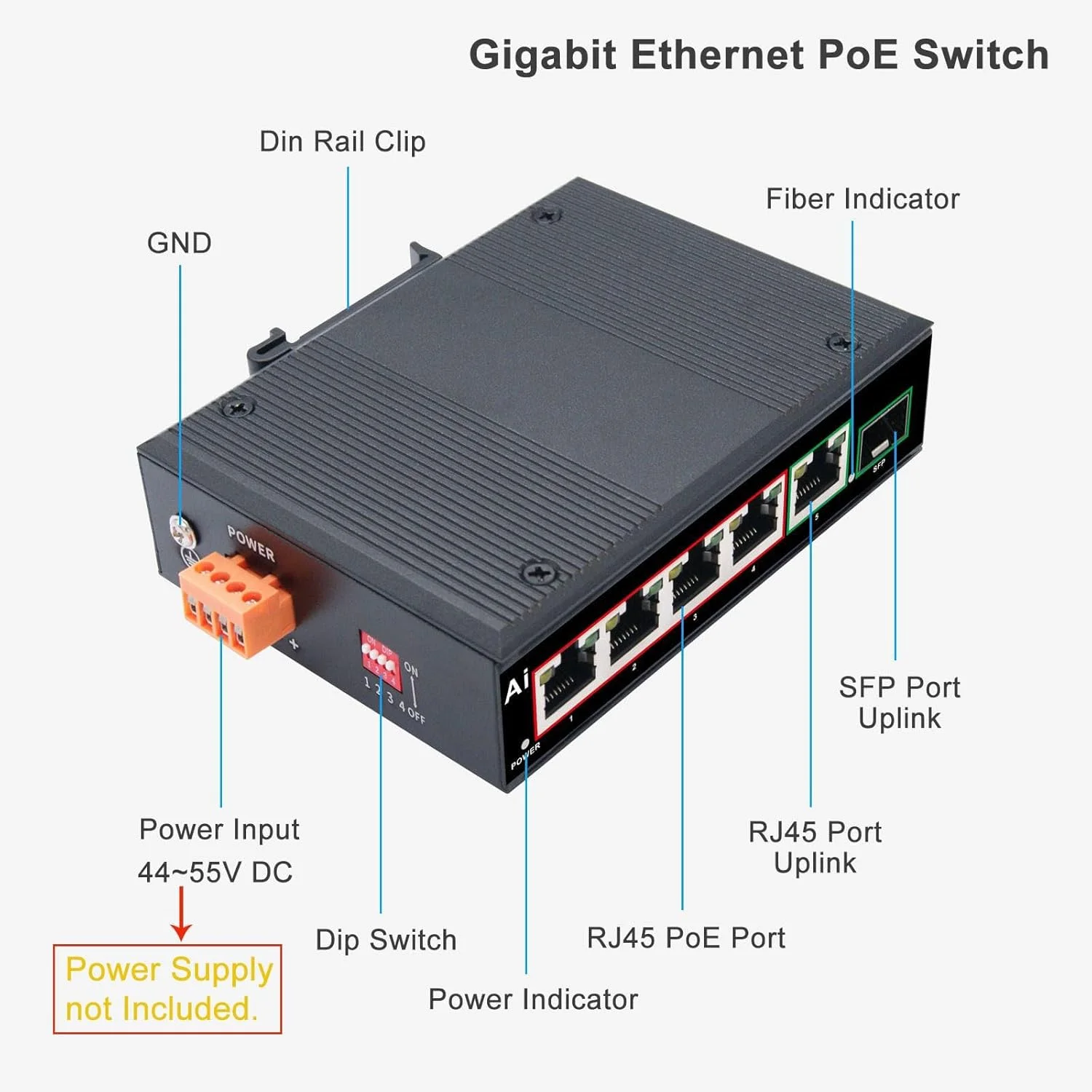 سوئیچ اترنت صنعتی 6 پورت گیگابیتی PoE تقویت شده، سوئیچ شبکه 4 پورت 10/100/1000Mbps PoE+ با اسلات SFP 802.3af/at Din Rail RJ45 Fiber Switch Din-Rail Mount Ethernet Hub