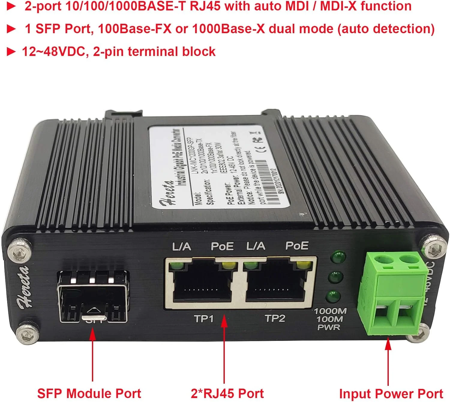 مبدل رسانه اترنت صنعتی گیگابیتی POE+ 30W با بدنه آلومینیومی، 2 پورت RJ45، 1 پورت SFP، پشتیبانی از ماژول های SFP خارجی، ورودی برق 12~48V DC مبدل رسانه اترنت صنعتی گیگابیتی POE+ 30W با بدنه آلومینیومی، 2 پورت RJ45، 1 پورت SFP، پشتیبانی از ماژول های SFP خارجی، ورودی برق 12~48V DC