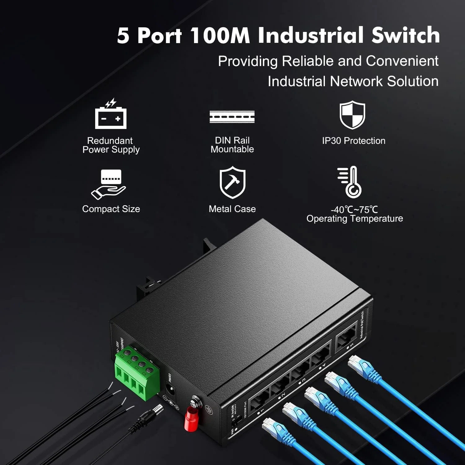 سوئیچ صنعتی 5 پورت DIN Rail، سوئیچ صنعتی 5 پورت، 4 پورت و 1 آپلینک، اترنت سریع 10/100 مگابیت بر ثانیه، شامل DIN-Rail و نصب دیواری، برای دوربین های IP، تلفن های VoIP، AP های بی سیم - IEEE802.3af/at