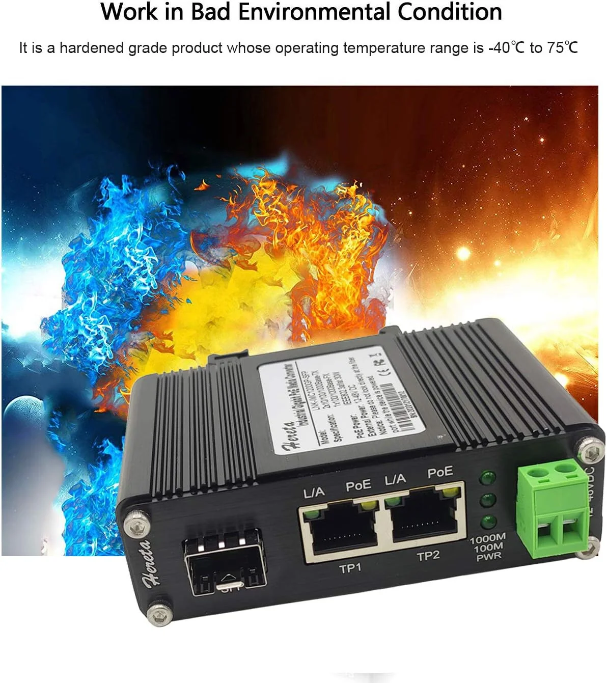 مبدل رسانه اترنت صنعتی گیگابیتی POE+ 30W با بدنه آلومینیومی، 2 پورت RJ45، 1 پورت SFP، پشتیبانی از ماژول های SFP خارجی، ورودی برق 12~48V DC مبدل رسانه اترنت صنعتی گیگابیتی POE+ 30W با بدنه آلومینیومی، 2 پورت RJ45، 1 پورت SFP، پشتیبانی از ماژول های SFP خارجی، ورودی برق 12~48V DC