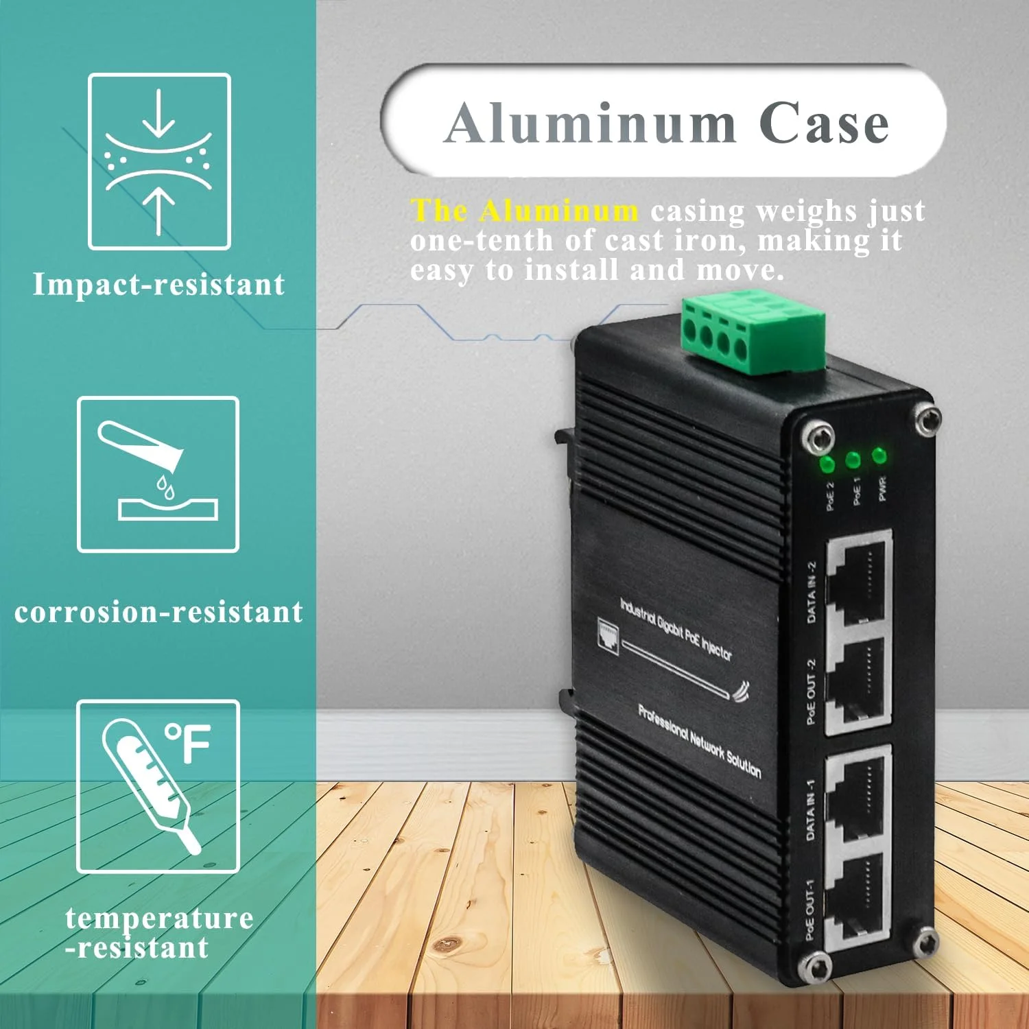 تزریق کننده صنعتی 2 پورت گیگابیتی PoE+، ورودی 12 تا 48 ولت DC، خروجی توان PoE 60 وات، نصب روی ریل DIN و دیوار، دمای کاری -40 درجه فارنهایت تا 176 درجه فارنهایت، برای دوربین های IP و نقاط دسترسی بی سیم