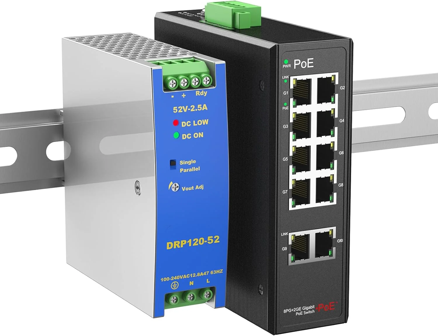 سوئیچ صنعتی 8 پورت گیگابیتی POE+ با منبع تغذیه ریلی DIN صنعتی، 2 پورت آپلینک گیگابیتی، بودجه کل 120 وات، سوئیچ POE ریلی DIN برای دوربین های IP، تلفن های VoIP، AP های بی سیم