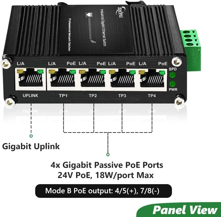 سوئیچ PoE صنعتی پسیو 24 ولت 5 پورت، سوئیچ شبکه گیگابیتی مینی غیر مدیریتی، ورودی 12-24VDC به خروجی 24V PoE، پشتیبانی از نصب روی ریل DIN و دیوار