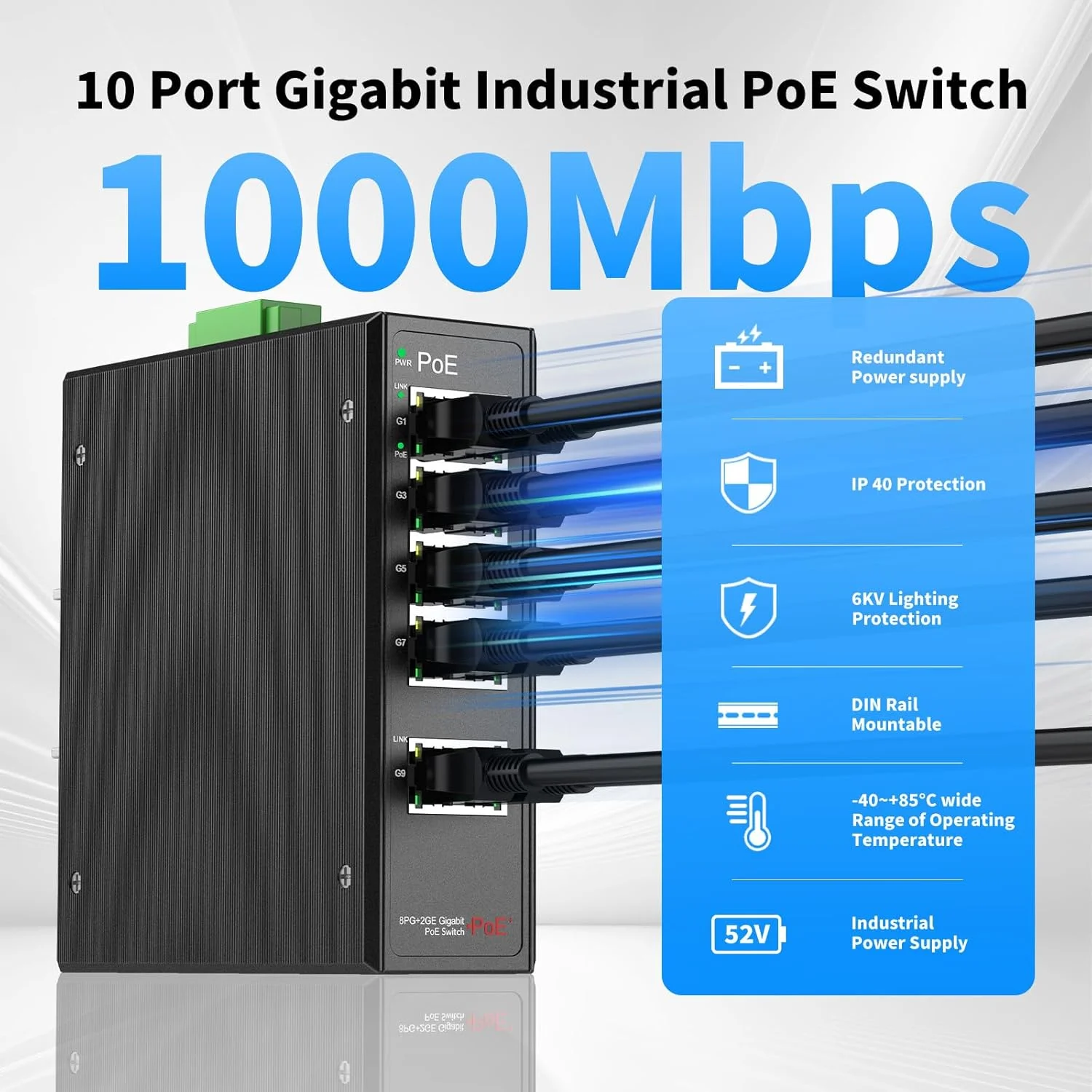 سوئیچ صنعتی 8 پورت گیگابیتی POE+ با منبع تغذیه ریلی DIN صنعتی، 2 پورت آپلینک گیگابیتی، بودجه کل 120 وات، سوئیچ POE ریلی DIN برای دوربین های IP، تلفن های VoIP، AP های بی سیم