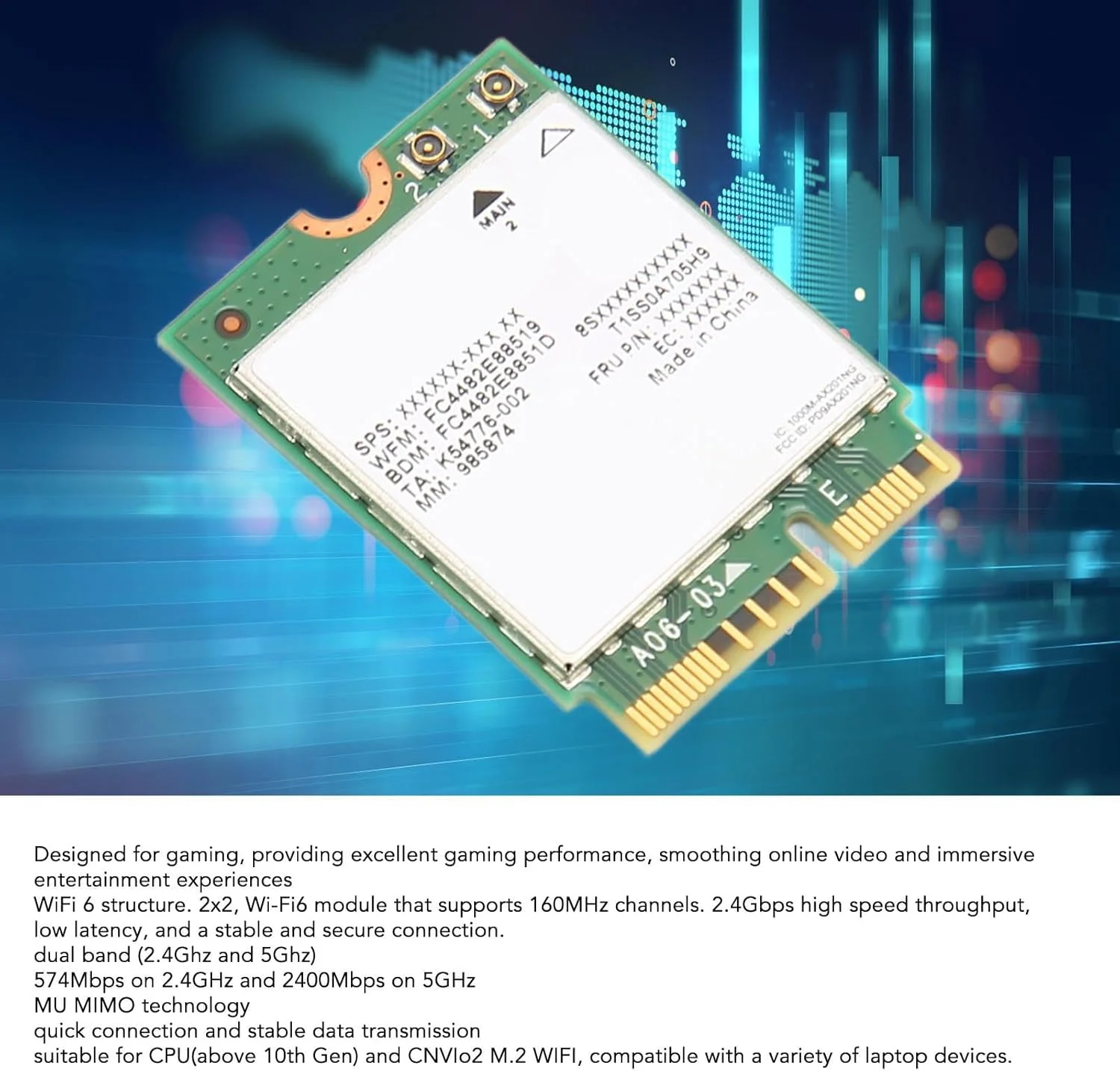 کارت شبکه وایرلس WiFi 6E AX210NGW، کارت شبکه وایرلس AX201NGW M.2 با سرعت 2400 مگابیت بر ثانیه، دو بانده 574 مگابیت بر ثانیه در 2.4 گیگاهرتز و 2400 مگابیت بر ثانیه در 5 گیگاهرتز 802.11AX WiFi 6 مناسب برای لپ تاپ