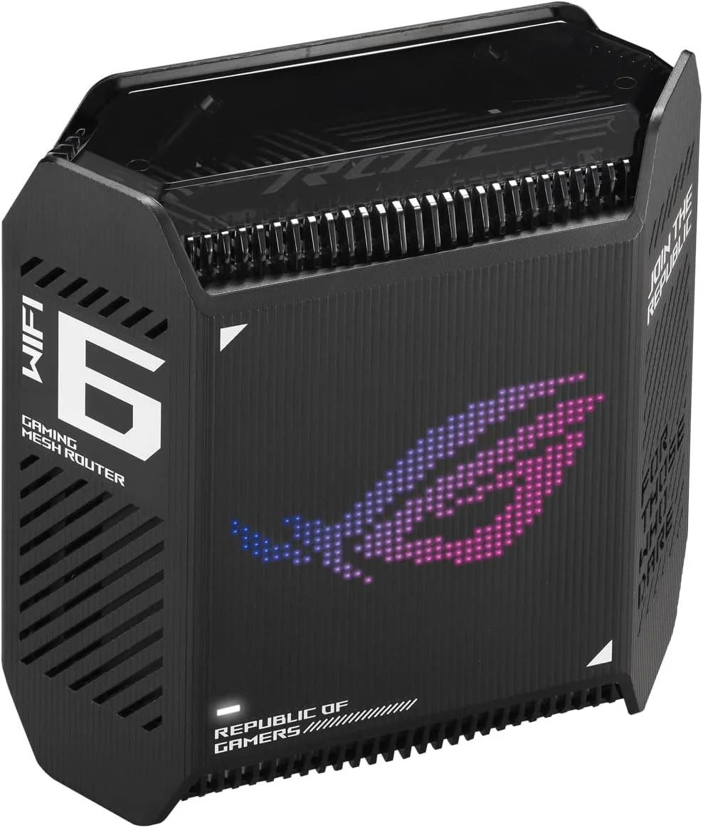 سیستم وای فای مش روتر گیمینگ سه بانده ASUS ROG Rapture GT6 (تک پکی) WiFi 6، پوشش دهی تا 540 متر مربع، پورت 2.5 گیگابیتی، شتاب دهنده سه سطحی بازی، UNII 4، امنیت اینترنت مادام العمر رایگان - مشکی