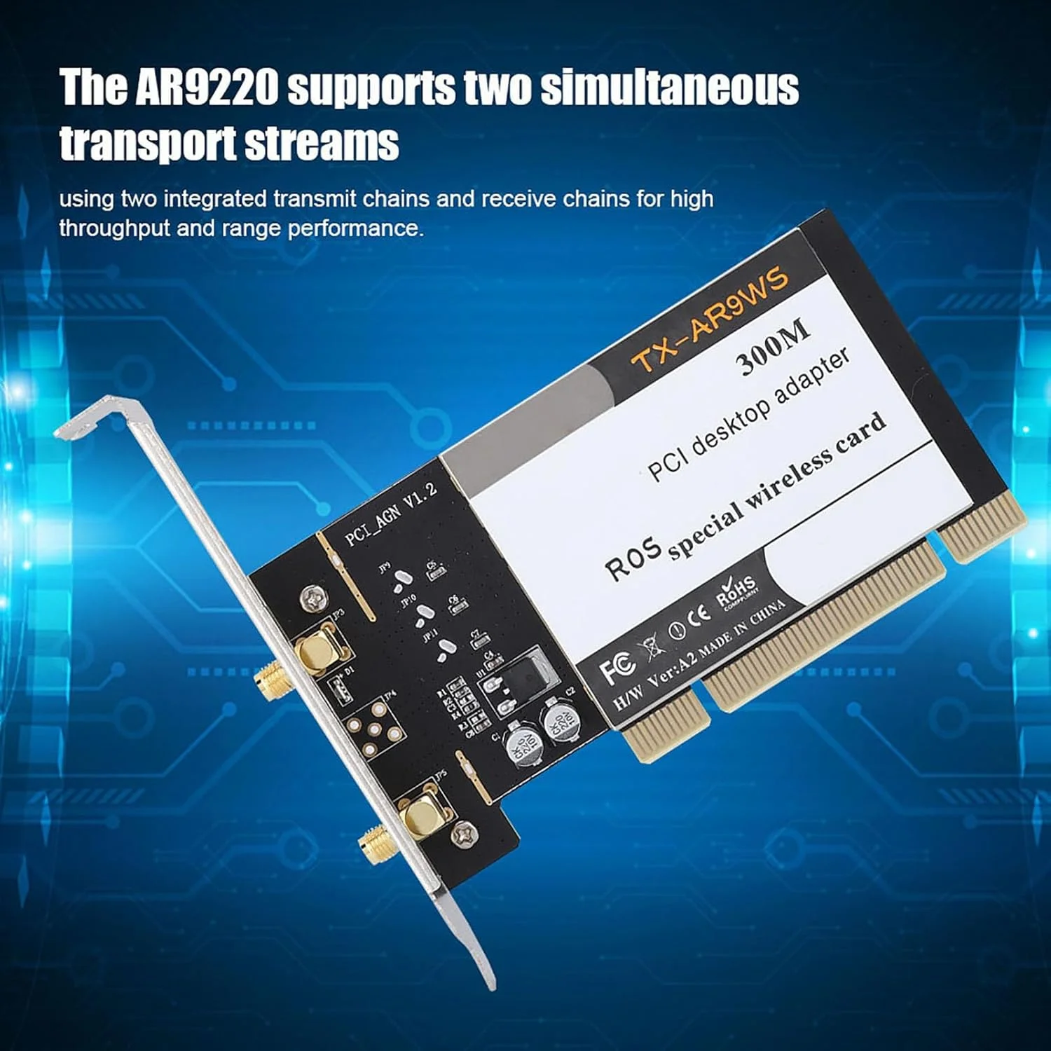 کارت شبکه وای فای دو بانده 300 مگابیت بر ثانیه PCIe Express برای رایانه های شخصی رومیزی سازگار با 7 32/64 بیتی، 8 32/64 بیتی، 10 32/64 بیتی، ROS