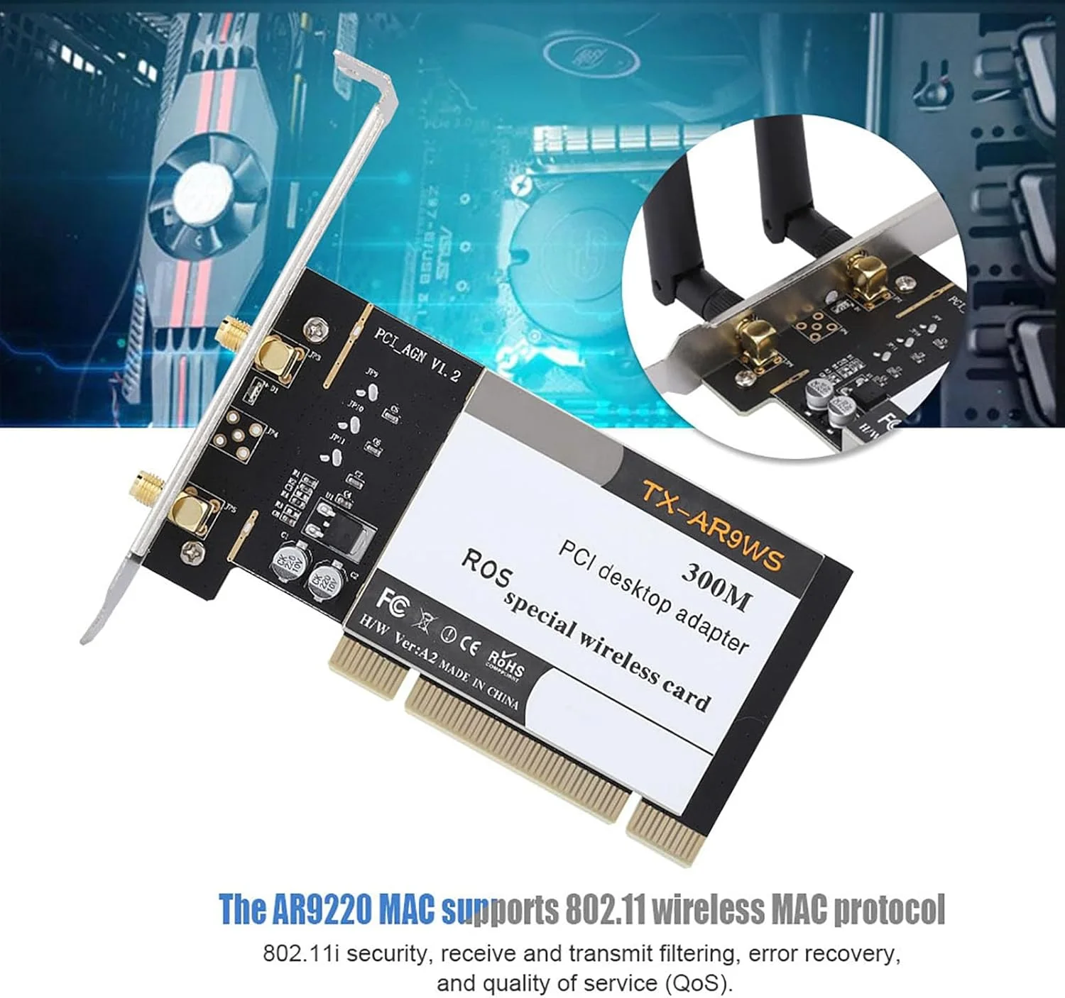 کارت شبکه وای فای دو بانده 300 مگابیت بر ثانیه PCIe Express برای رایانه های شخصی رومیزی سازگار با 7 32/64 بیتی، 8 32/64 بیتی، 10 32/64 بیتی، ROS