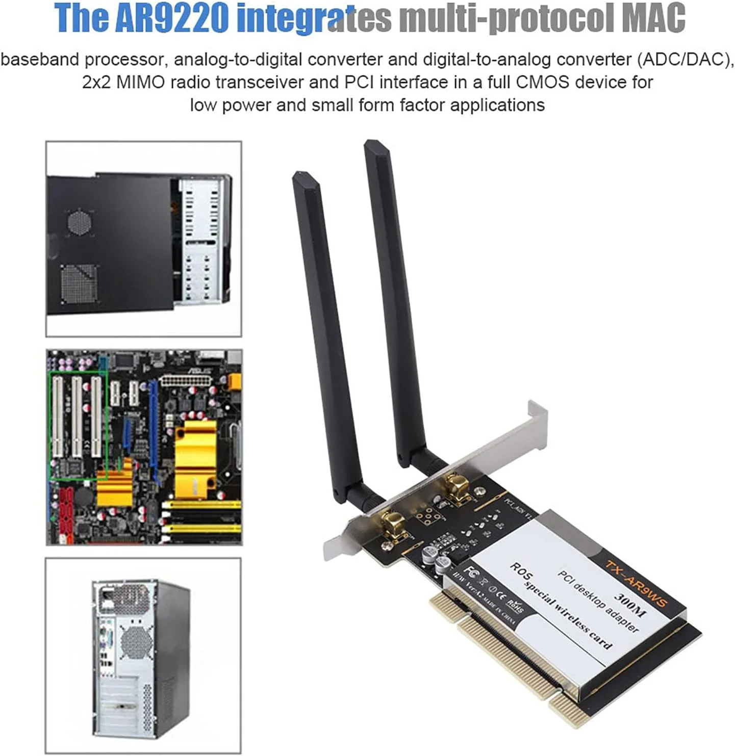 کارت شبکه وای فای دو بانده 300 مگابیت بر ثانیه PCIe Express برای رایانه های شخصی رومیزی سازگار با 7 32/64 بیتی، 8 32/64 بیتی، 10 32/64 بیتی، ROS