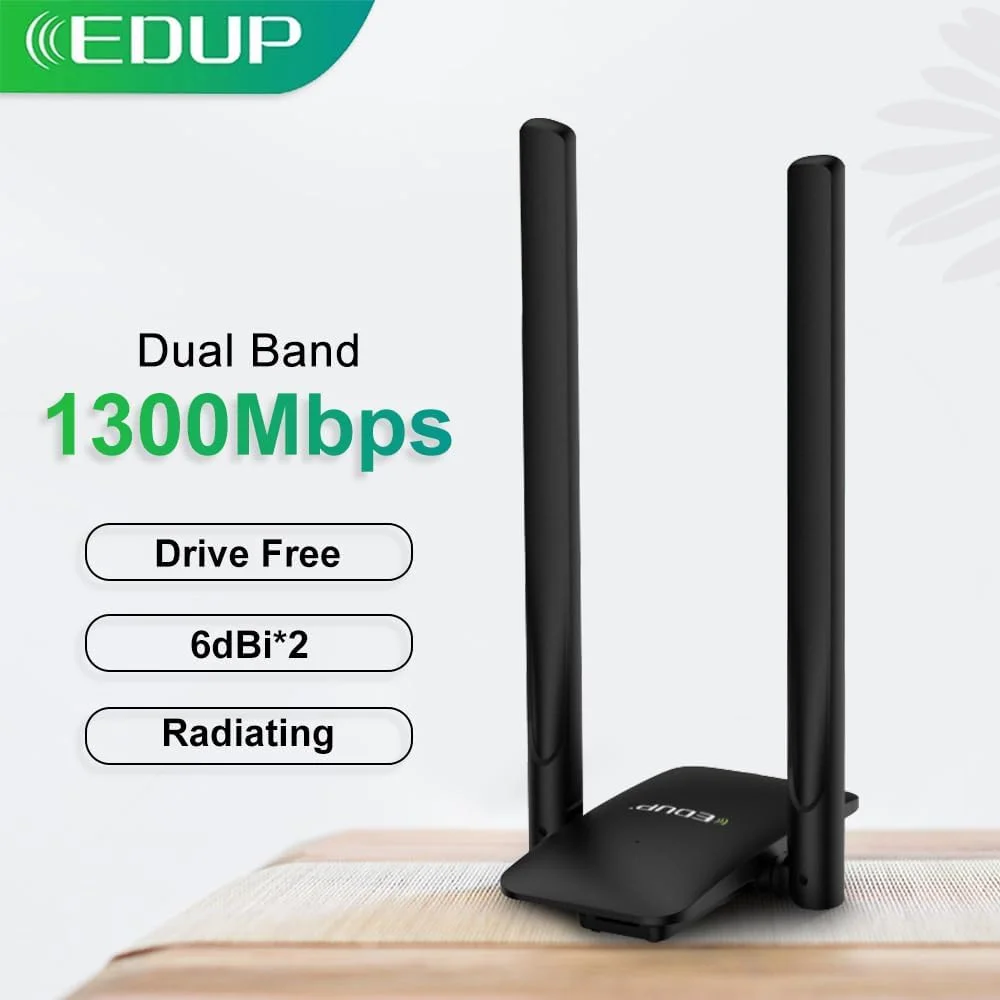 آداپتورهای کارت شبکه وای فای بی سیم 1300 مگابیت بر ثانیه EDUPs، دو بانده 2.4G و 5.8G بدون نیاز به درایور، دارای 2 آنتن 6dBi با بهره بالا و تراشه MTK (EP-AC1691)