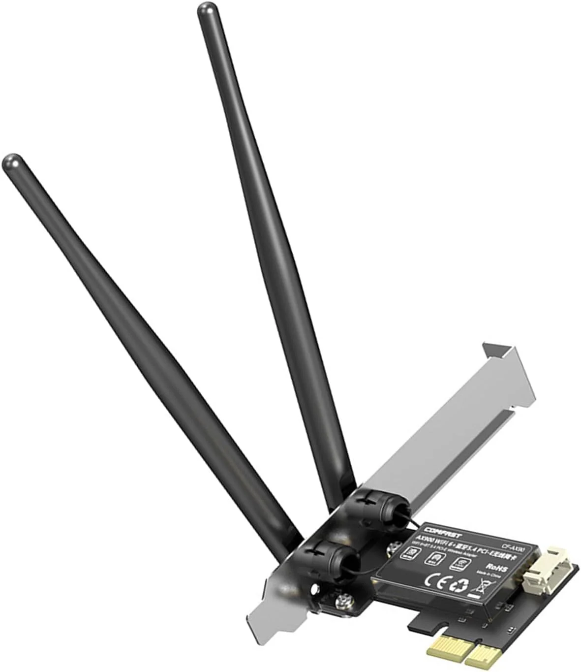 آداپتور وای فای 6 دو بانده PCIe با فرکانس 2.4/5.8 گیگاهرتز، سازگار با بلوتوث 5.4 و دارای 2 آنتن با بهره بالا 3dBi برای کارت شبکه PCIe کامپیوترهای گیمینگ