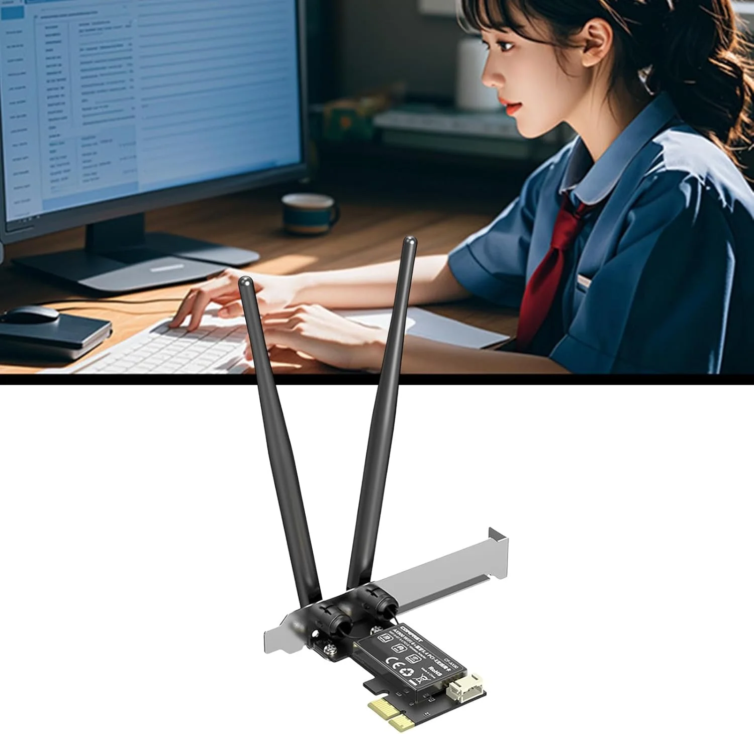 آداپتور وای فای 6 دو بانده PCIe با فرکانس 2.4/5.8 گیگاهرتز، سازگار با بلوتوث 5.4 و دارای 2 آنتن با بهره بالا 3dBi برای کارت شبکه PCIe کامپیوترهای گیمینگ آداپتور وای فای 6 دو بانده PCIe با فرکانس 2.4/5.8 گیگاهرتز، سازگار با بلوتوث 5.4 و دارای 2 آنتن با بهره بالا 3dBi برای کارت شبکه PCIe کامپیوترهای گیمینگ