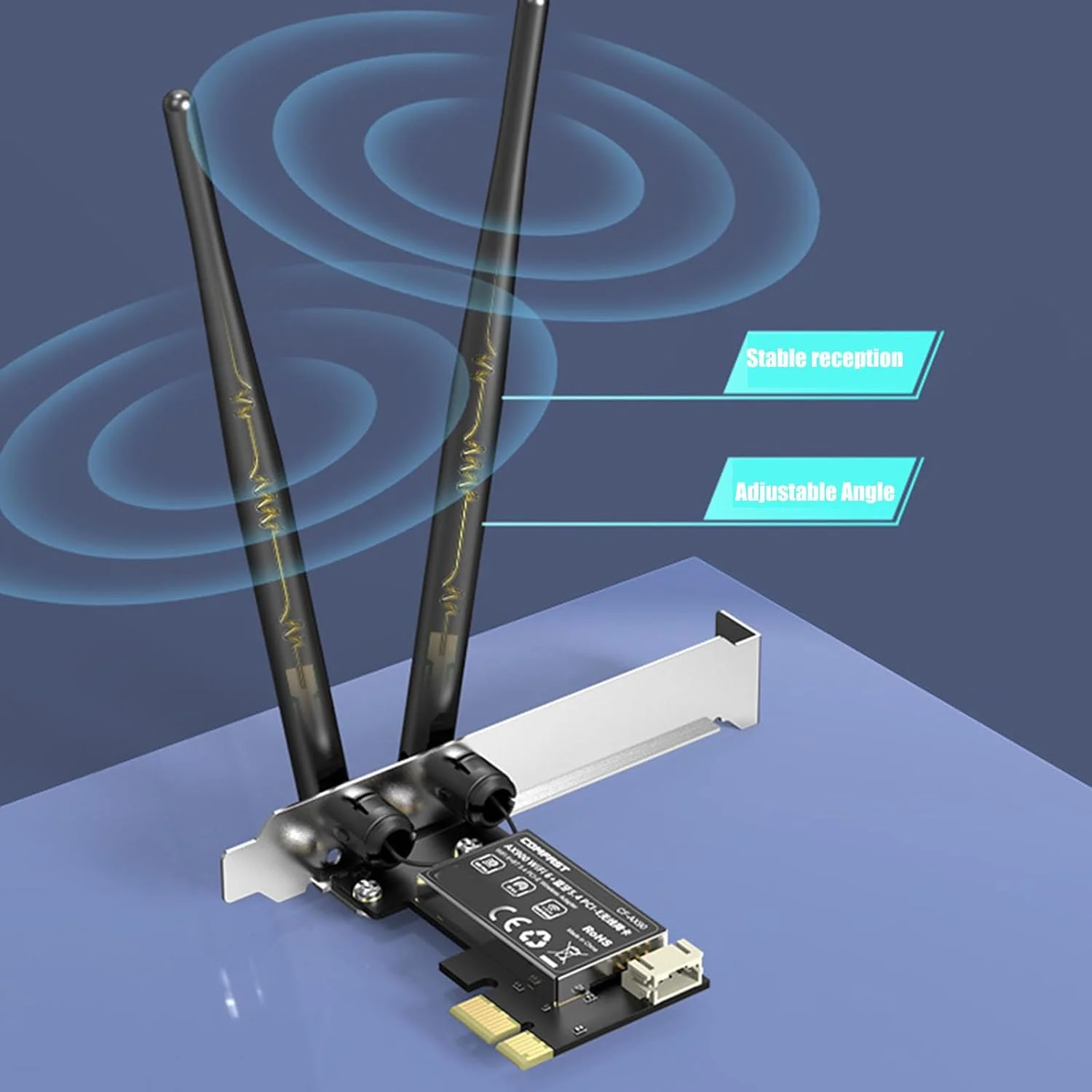 آداپتور وای فای 6 دو بانده PCIe با فرکانس 2.4/5.8 گیگاهرتز، سازگار با بلوتوث 5.4 و دارای 2 آنتن با بهره بالا 3dBi برای کارت شبکه PCIe کامپیوترهای گیمینگ آداپتور وای فای 6 دو بانده PCIe با فرکانس 2.4/5.8 گیگاهرتز، سازگار با بلوتوث 5.4 و دارای 2 آنتن با بهره بالا 3dBi برای کارت شبکه PCIe کامپیوترهای گیمینگ