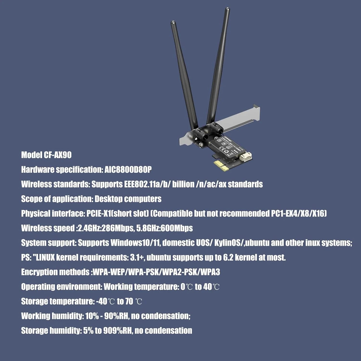 آداپتور وای فای 6 دو بانده PCIe با فرکانس 2.4/5.8 گیگاهرتز، سازگار با بلوتوث 5.4 و دارای 2 آنتن با بهره بالا 3dBi برای کارت شبکه PCIe کامپیوترهای گیمینگ آداپتور وای فای 6 دو بانده PCIe با فرکانس 2.4/5.8 گیگاهرتز، سازگار با بلوتوث 5.4 و دارای 2 آنتن با بهره بالا 3dBi برای کارت شبکه PCIe کامپیوترهای گیمینگ