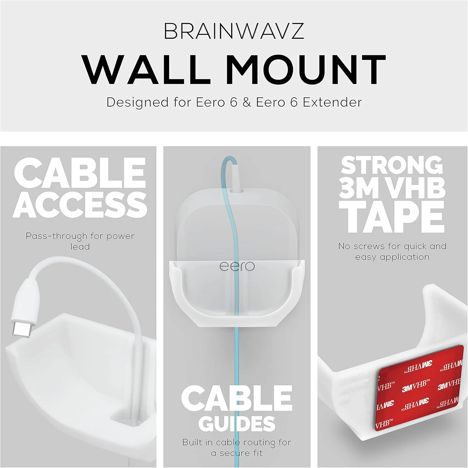 نگهدارنده دیواری بدون پیچ BRAINWAVZ برای Eero 6 Mesh WiFi، طراحی سفارشی (سازگار با Eero Pro 6 / Beacon نیست)، چسب VHB قوی، بدون ابزار، بدون کثیفی، سفید
