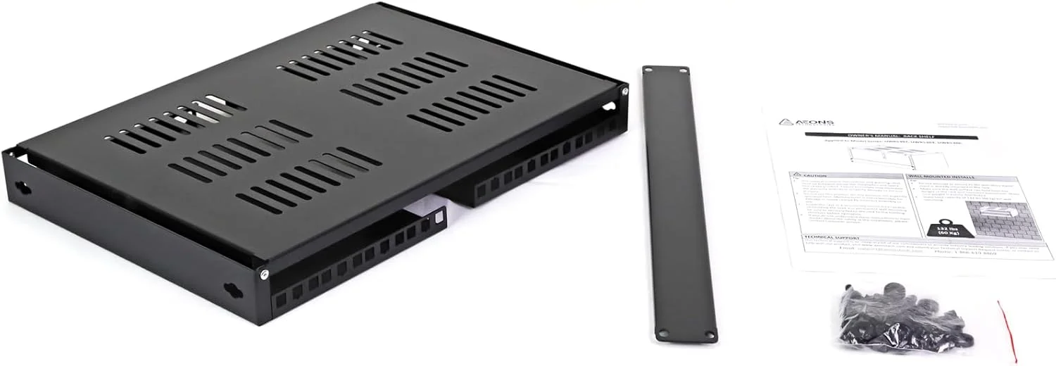 براکت دیواری تقویت شده AEONS 4U، رک شبکه با نمای کم، نصب عمودی و افقی، براکت پچ پنل 19 اینچی برای سوییچ سرور کم عمق، تجهیزات استودیوی IT، قفسه بالایی دارای تهویه، مشکی