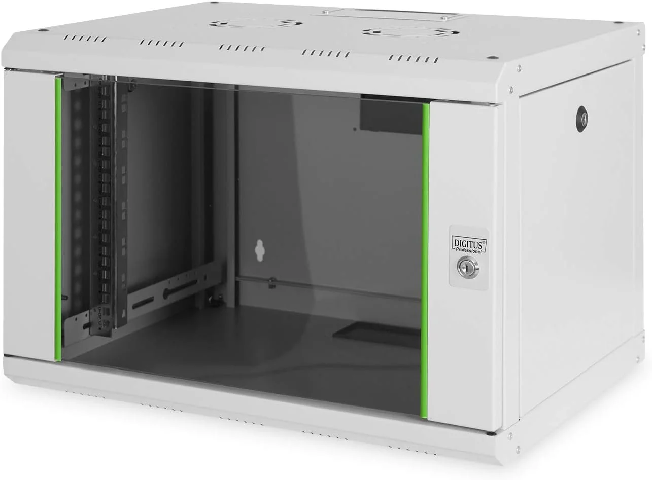 محفظه شبکه دیجی توس ۱۹ اینچ ۷ یونیت - نصب دیواری - عمق ۴۵۰ میلی متر - ظرفیت بار ۱۰۰ کیلوگرم - سری یونیک - درب شیشه ای - خاکستری