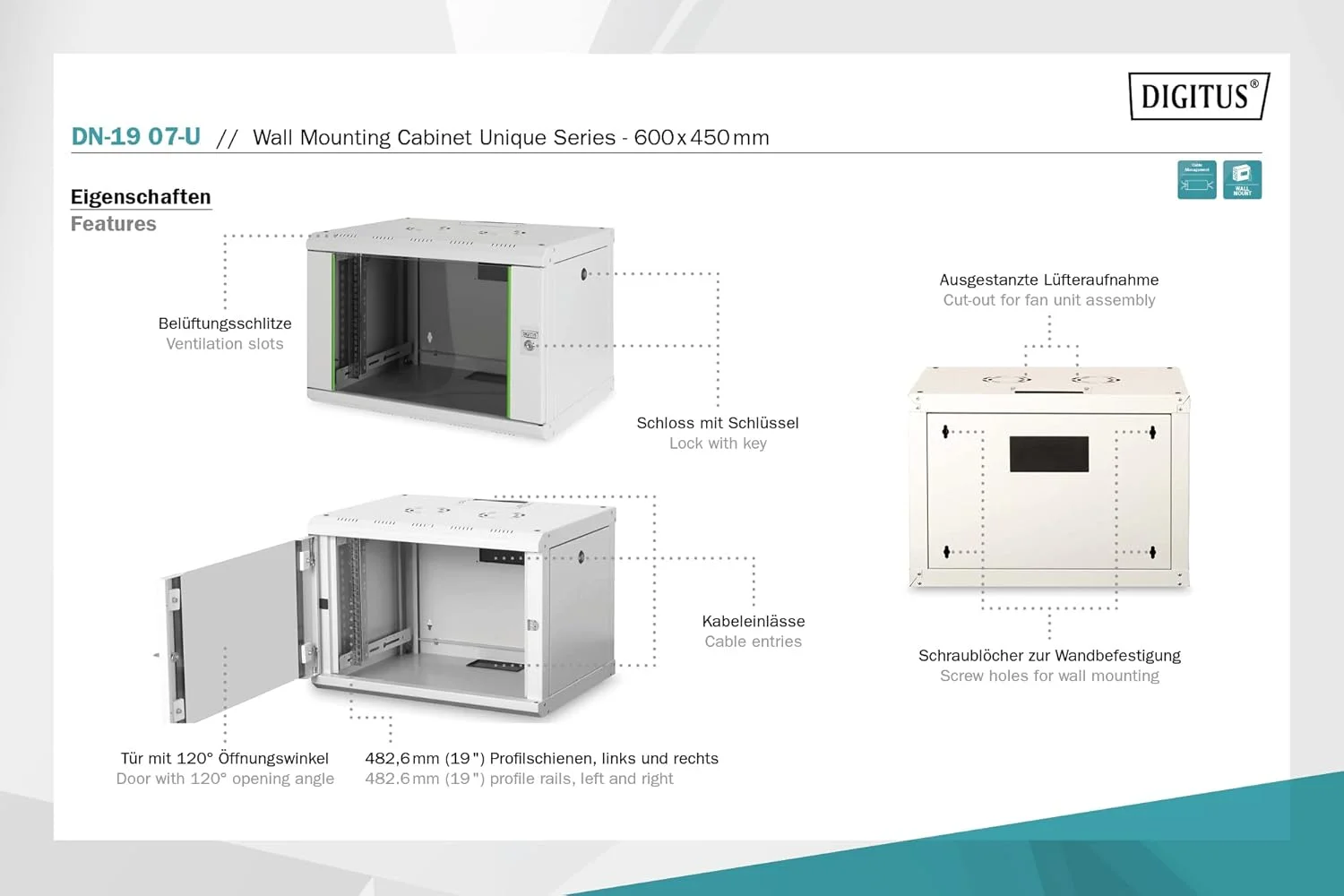 محفظه شبکه دیجی توس ۱۹ اینچ ۷ یونیت - نصب دیواری - عمق ۴۵۰ میلی متر - ظرفیت بار ۱۰۰ کیلوگرم - سری یونیک - درب شیشه ای - خاکستری