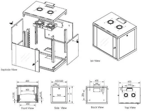 محفظه شبکه دیجی توس ۱۹ اینچ ۷ یونیت - نصب دیواری - عمق ۴۵۰ میلی متر - ظرفیت بار ۱۰۰ کیلوگرم - سری یونیک - درب شیشه ای - خاکستری