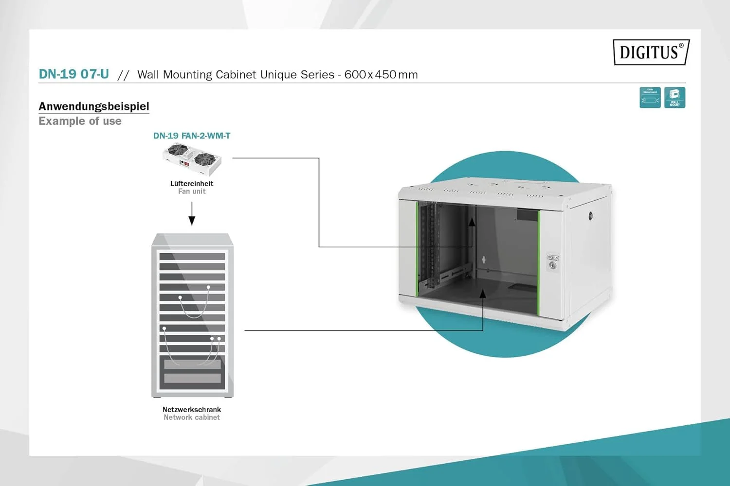 محفظه شبکه دیجی توس ۱۹ اینچ ۷ یونیت - نصب دیواری - عمق ۴۵۰ میلی متر - ظرفیت بار ۱۰۰ کیلوگرم - سری یونیک - درب شیشه ای - خاکستری