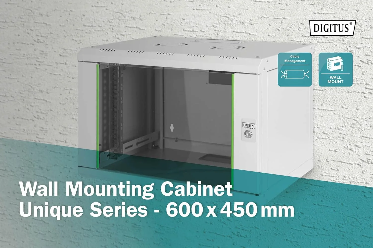 محفظه شبکه دیجی توس ۱۹ اینچ ۷ یونیت - نصب دیواری - عمق ۴۵۰ میلی متر - ظرفیت بار ۱۰۰ کیلوگرم - سری یونیک - درب شیشه ای - خاکستری