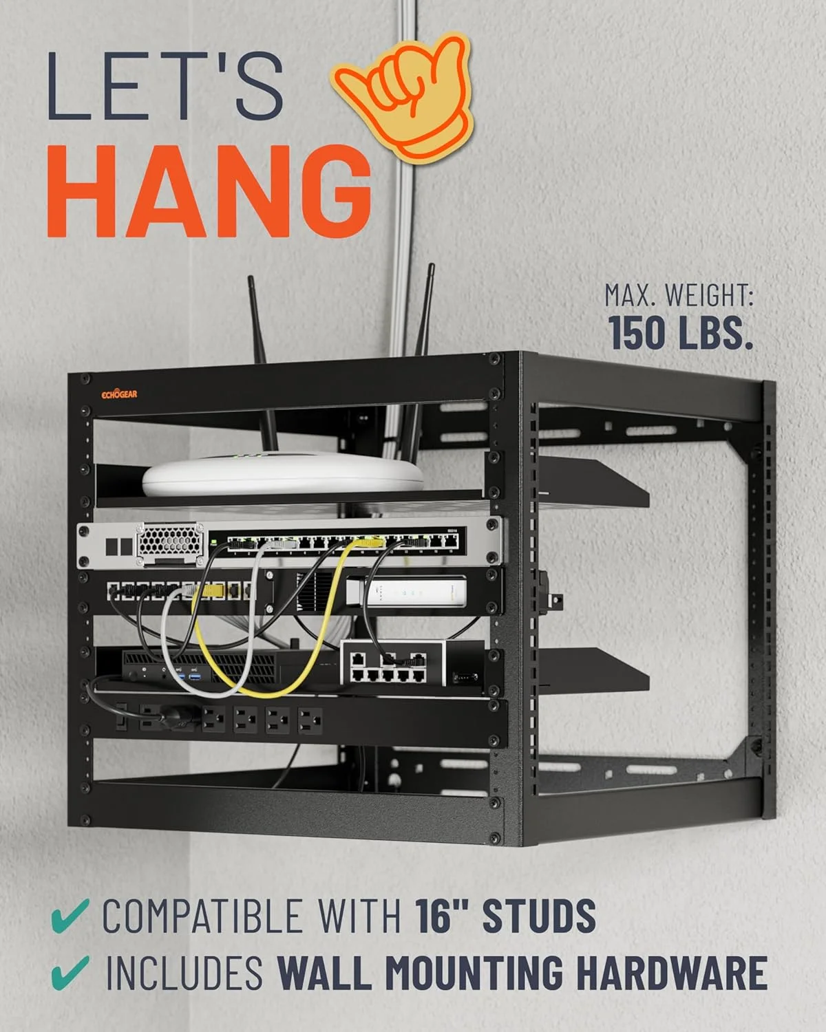 رک شبکه 10 یونیت ECHOGEAR - طراحی 4 پایه سنگین و قابل نصب روی دیوار برای نگهداری تمام تجهیزات شبکه و صوتی و تصویری شما - طراحی قاب باز شامل 2 قفسه تهویه دار 1U و سخت افزار نصب
