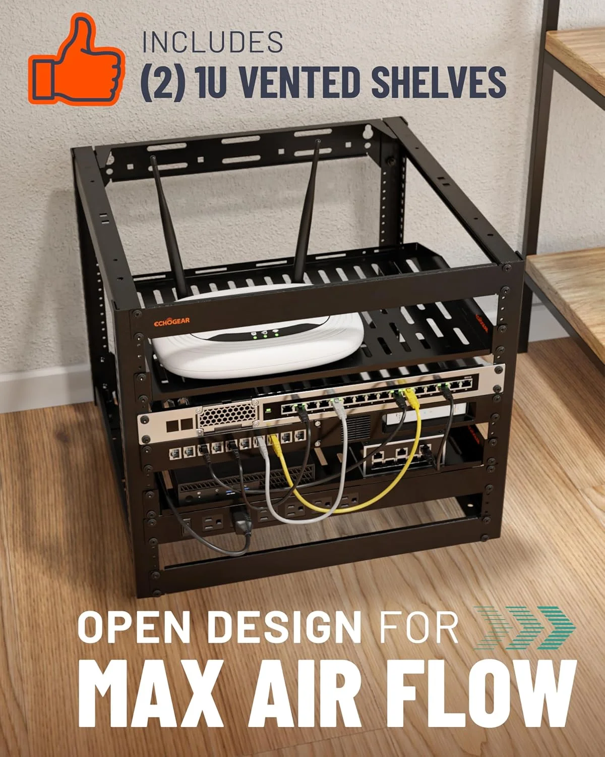 رک شبکه 10 یونیت ECHOGEAR - طراحی 4 پایه سنگین و قابل نصب روی دیوار برای نگهداری تمام تجهیزات شبکه و صوتی و تصویری شما - طراحی قاب باز شامل 2 قفسه تهویه دار 1U و سخت افزار نصب