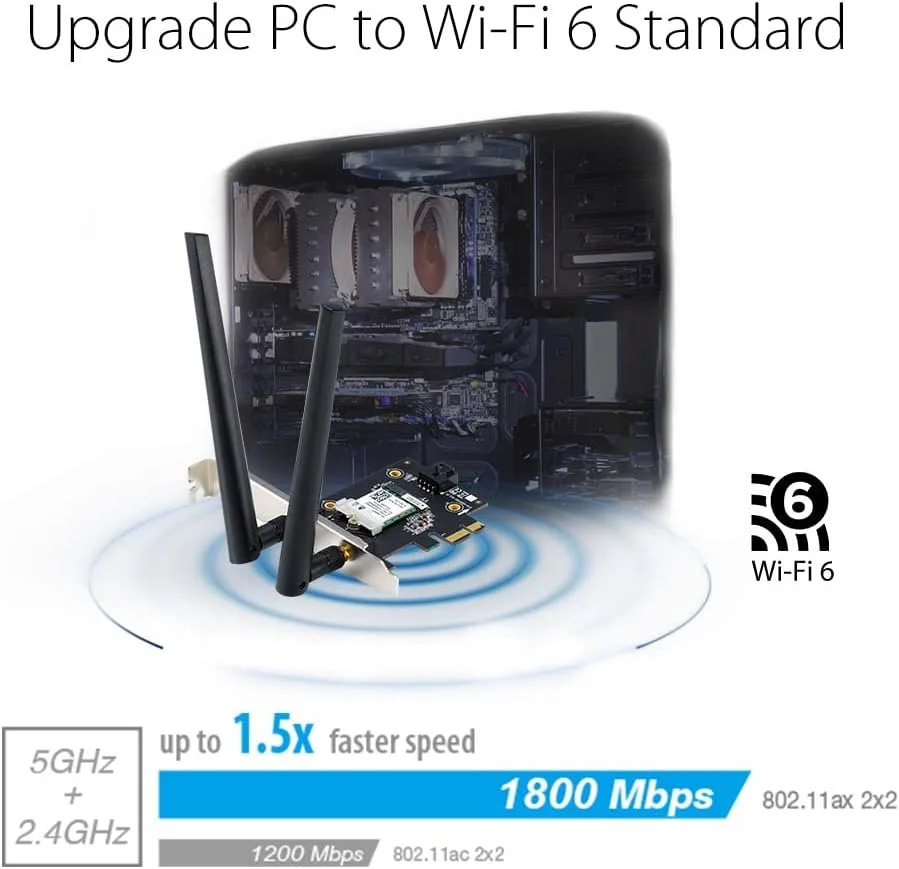 آداپتور ASUS PCE-AX1800 WiFi 6 (802.11ax) با 2 آنتن خارجی، پشتیبانی از نرخ داده تا 1800 مگابیت بر ثانیه، بلوتوث 5.2، امنیت شبکه WPA3، OFDMA و MU-MIMO - مشکی