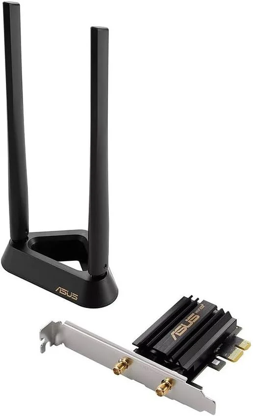 آداپتور ASUS PCE-AXE59BT WiFi 6E PCI-E با 2 آنتن خارجی، پایه مغناطیسی، پشتیبانی از باند 6 گیگاهرتز، 160 مگاهرتز، بلوتوث 5.2، امنیت شبکه WPA3، OFDMA و MU-MIMO - مشکی